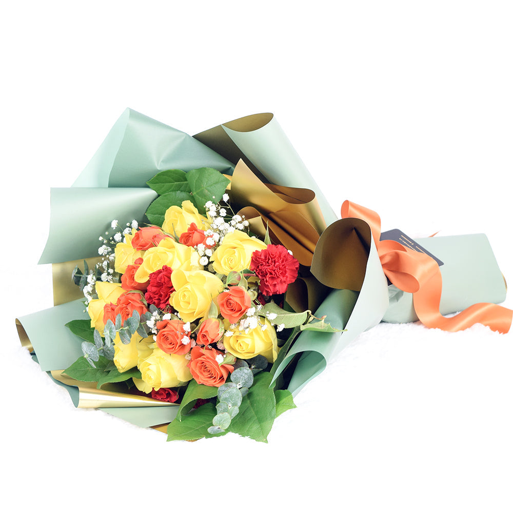 Mother's Day Sunburst Mixed Rose Bouquet, yellow & red roses gathered together in a clear cellophane sheet with a ribbon or designer twine, Flower Gifts from Blooms New Jersey - Same Day New Jersey Delivery.
