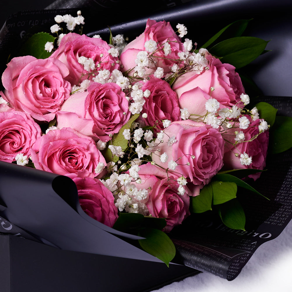 Valentine's Day 12 Stem Pink Rose Bouquet With Box & Wine, New Jersey Same Day Flower Delivery, sparkling wine gifts, pink roses, rose gifts, rose bouquets