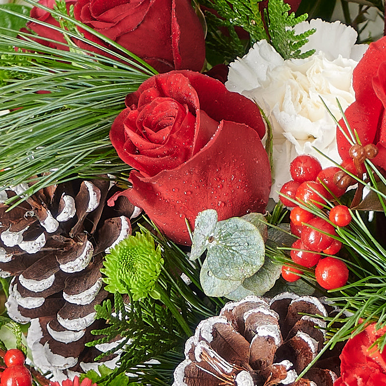 Ultimate Holiday Flower Box, roses, carnations, pine cones, alstroemeria, daisies, berries, greens, and holiday decorations in a sleek round green designer box, mixed floral gifts from Blooms New Jersey - Same Day New Jersey Delivery.