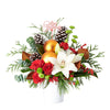 Joyous Christmas Floral Arrangement, roses, lilies, chrysanthemums, berries, greenery, pine cones, ornaments, and a Christmas decoration all arranged artfully into a ceramic pot, mixed flower gifts from Blooms New Jersey - Same Day New Jersey Delivery.