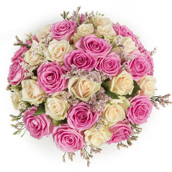bouquet of fresh pink roses with gift isolated on white