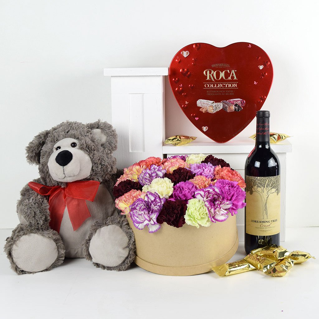  Valentine's Day Gift Basket, Teddy Bear Plush 11 Inches,  Dozen Belgian Milk Chocolate Flower Roses Bouquet, Gift Bag & Card