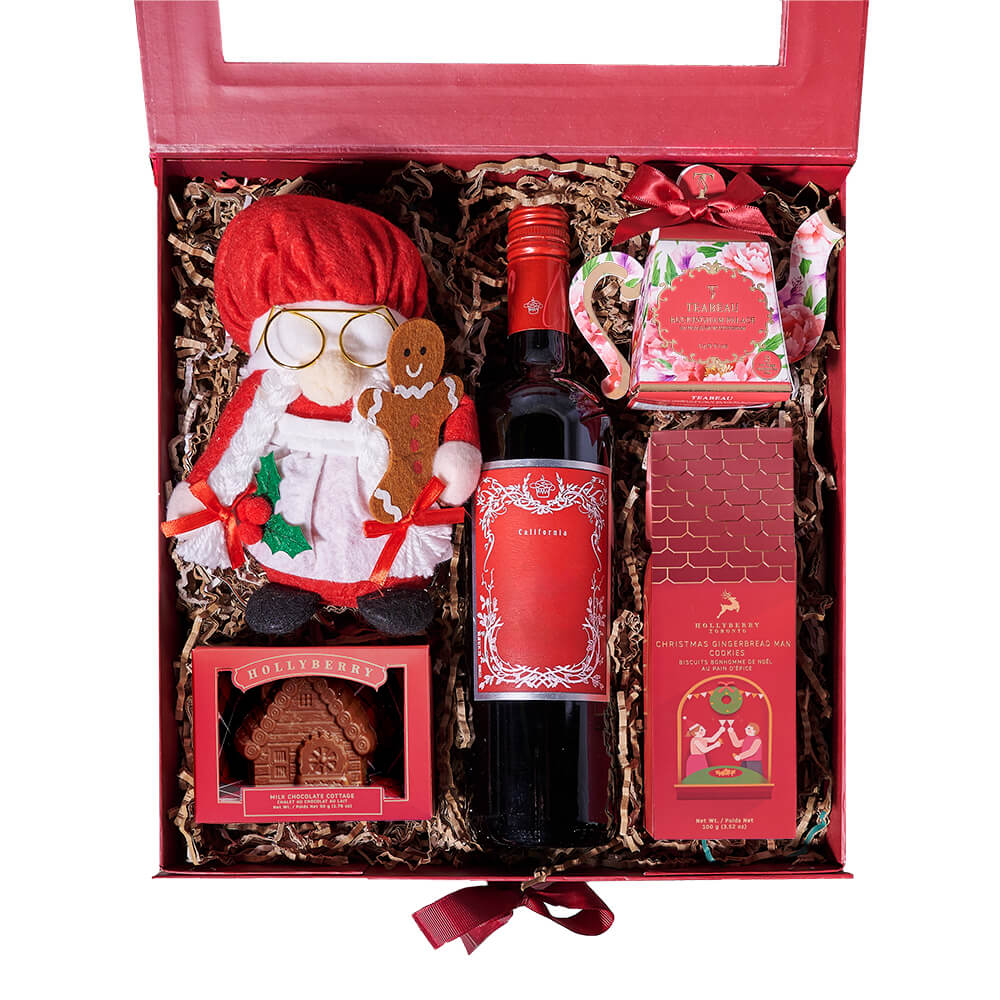 Christmas Wine & Mrs. Claus Gift Box, christmas gift, christmas, holiday gift, holiday, wine gift, wine, gourmet gift, gourmet. New Jersey Blooms - New Jersey Delivery Blooms