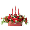 Colorful Christmas Arrangement, red and white roses, chrysanthemums, mini carnations, pine cones, greens, candles, and ribbons all arranged with care into a large red metal tin, Holiday Gifts from Blooms New Jersey - Same Day New Jersey Delivery.