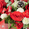 Colorful Christmas Arrangement, red and white roses, chrysanthemums, mini carnations, pine cones, greens, candles, and ribbons all arranged with care into a large red metal tin, Holiday Gifts from Blooms New Jersey - Same Day New Jersey Delivery.