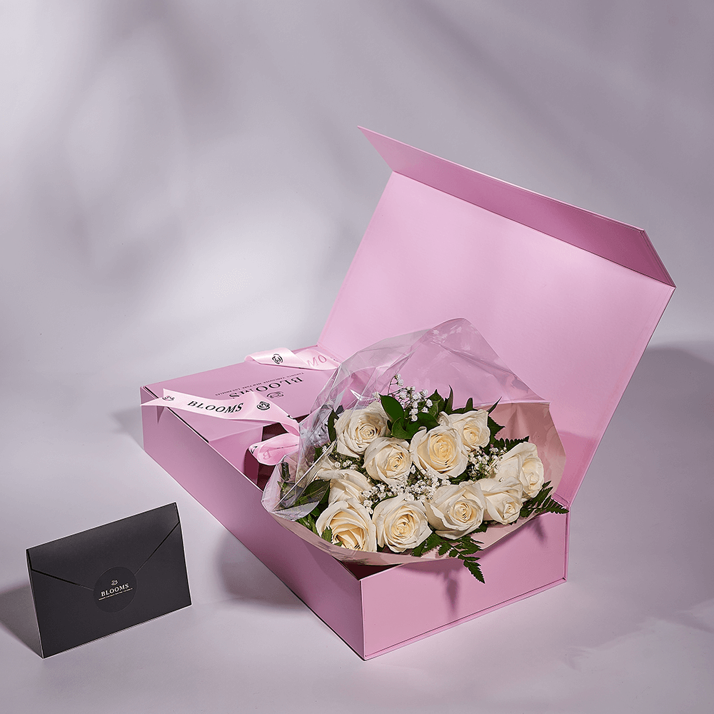 Enduring White Rose Bouquet & Box, floral gifts, rose gifts, gifts, roses, New Jersey delivery