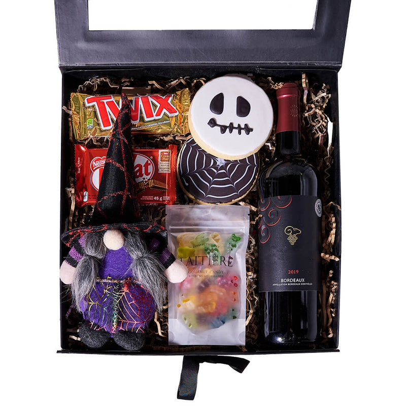 Halloween Chocolate & Wine Box, wine gift, wine, gourmet gift, gourmet, candy gift, candy. New Jersey Blooms - New Jersey Delivery Blooms