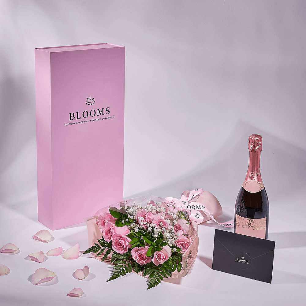 Mother’s Day 12 Stem Pink Rose Bouquet with Box & Champagne, champagne gift, champagne, sparkling wine gift, sparkling wine, mothers day gift, mothers day, New Jersey delivery