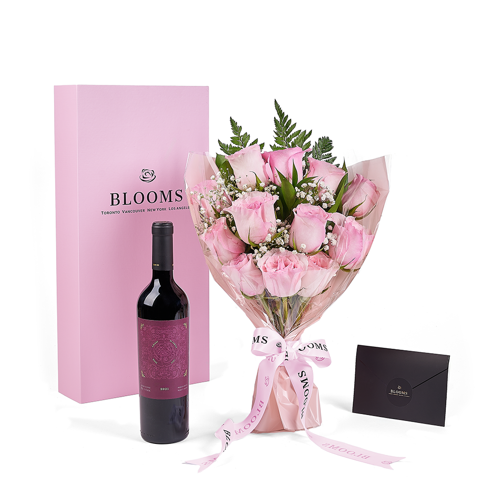 Mother’s Day 12 Stem Pink Rose Bouquet with Box & Wine, rose gift, rose, mothers day gift, mothers day, wine gift, wine, New Jersey delivery