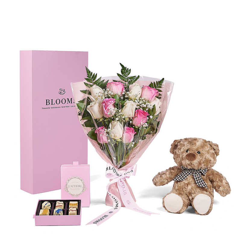 Mother's Day 12 Stem Pink & White Rose Bouquet with Box, Bear, & Chocolate New Jersey delivery - NEW JERSEY BLOOMS Mother's Day 12 Stem Pink & White Rose Bouquet with Box, Bear, & Chocolate New Jersey delivery - NEW JERSEY BLOOMS