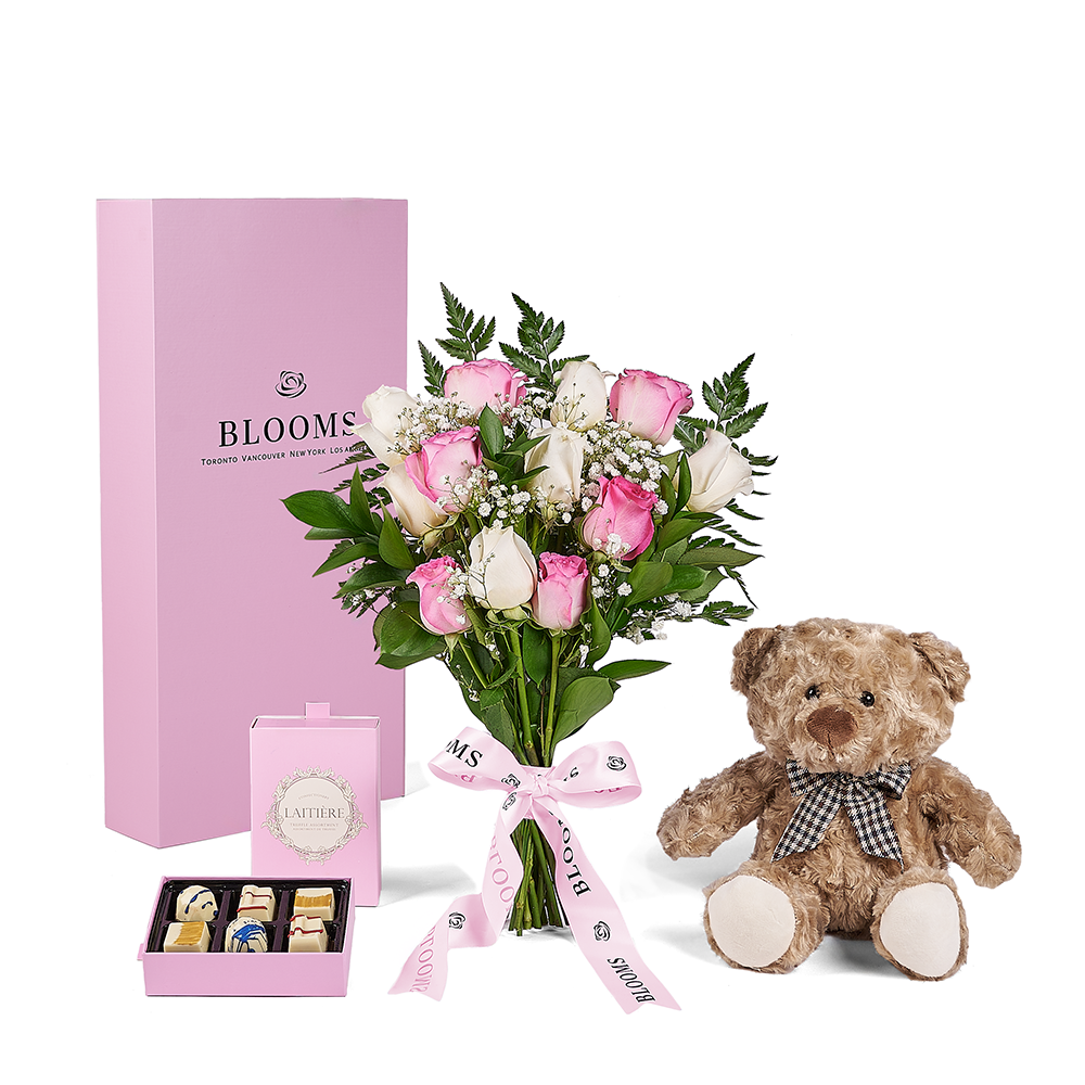 Mother's Day 12 Stem Pink & White Rose Bouquet with Box, Bear, & Chocolate New Jersey delivery - NEW JERSEY BLOOMS Mother's Day 12 Stem Pink & White Rose Bouquet with Box, Bear, & Chocolate New Jersey delivery - NEW JERSEY BLOOMS