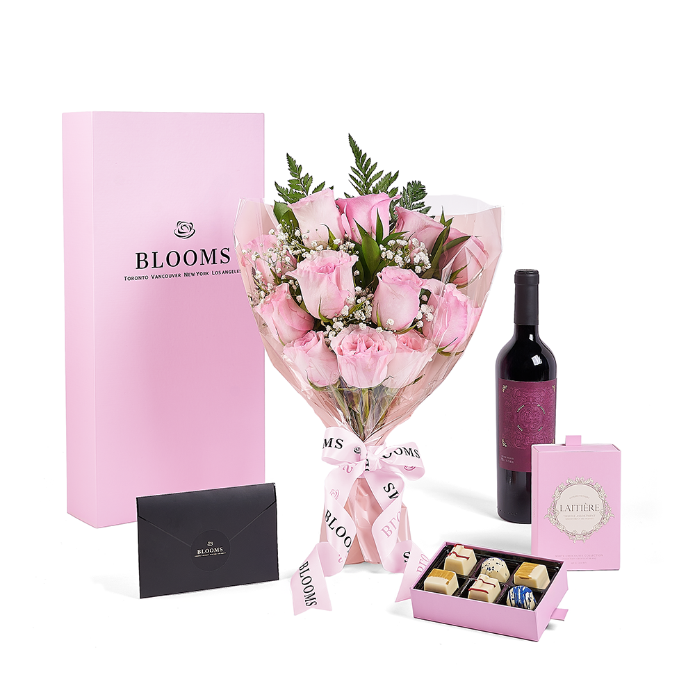 Mother’s Day Dozen Pink Rose Bouquet with Box, Wine, &amp; Chocolate, rose gift, rose, mothers day gift, mothers day, wine gift, wine, New Jersey delivery