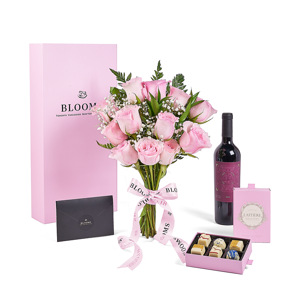 Mother’s Day Dozen Pink Rose Bouquet with Box, Wine, & Chocolate, rose gift, rose, mothers day gift, mothers day, wine gift, wine, New Jersey delivery