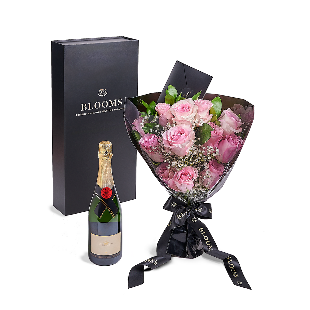 Valentine's Day 12 Stem Pink Rose Bouquet With Box &amp; Champagne, New Jersey Same Day Flower Delivery, rose bouquets, sparkling wine gifts
