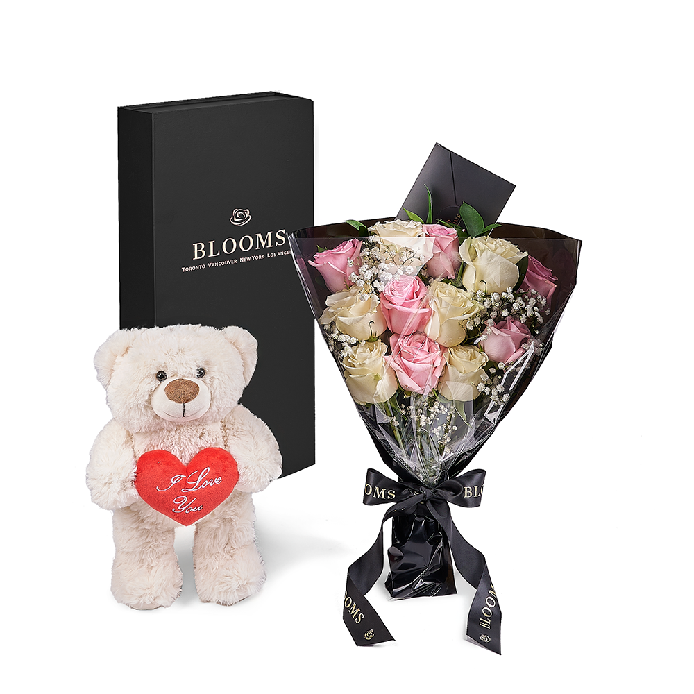 Valentine's Day 12 Stem Pink &amp; White Rose Bouquet With Box &amp; Bear, rose gift, rose, valentines day gift, valentines day, plush gift, plush, bear gift, bear, New Jersey delivery