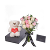 Valentine's Day 12 Stem Pink & White Rose Bouquet With Box & Bear, rose gift, rose, valentines day gift, valentines day, plush gift, plush, bear gift, bear, New Jersey delivery