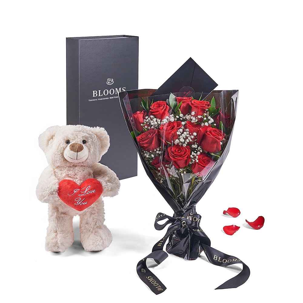 Valentines Day 12 Stem Red Rose Bouquet With Box & Bear  Valentine's Day  Gifts  New Jersey Blooms - NEW JERSEY BLOOMS