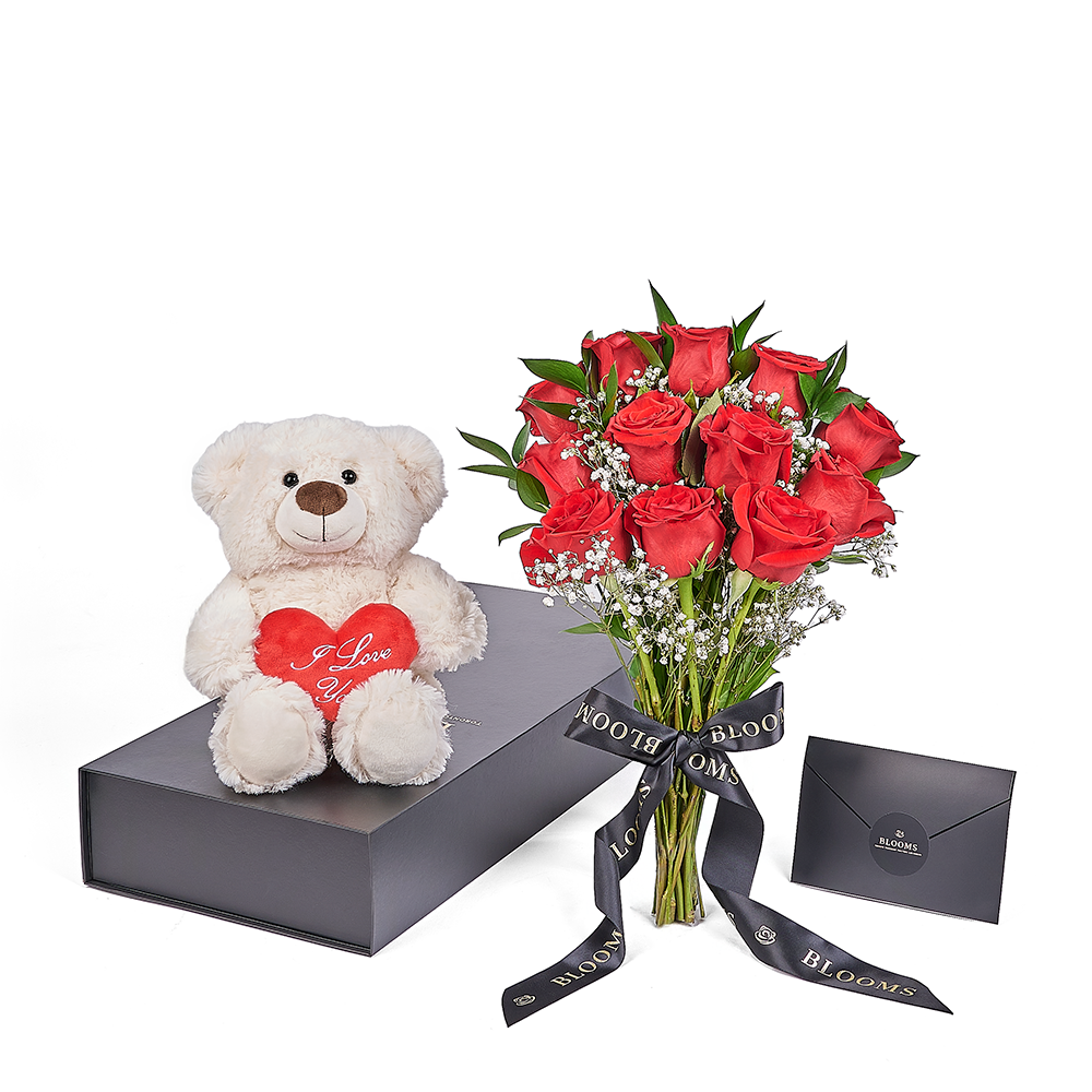 Valentines Day 12 Stem Red Rose Bouquet With Box & Bear  Valentine's Day  Gifts  New Jersey Blooms - NEW JERSEY BLOOMS
