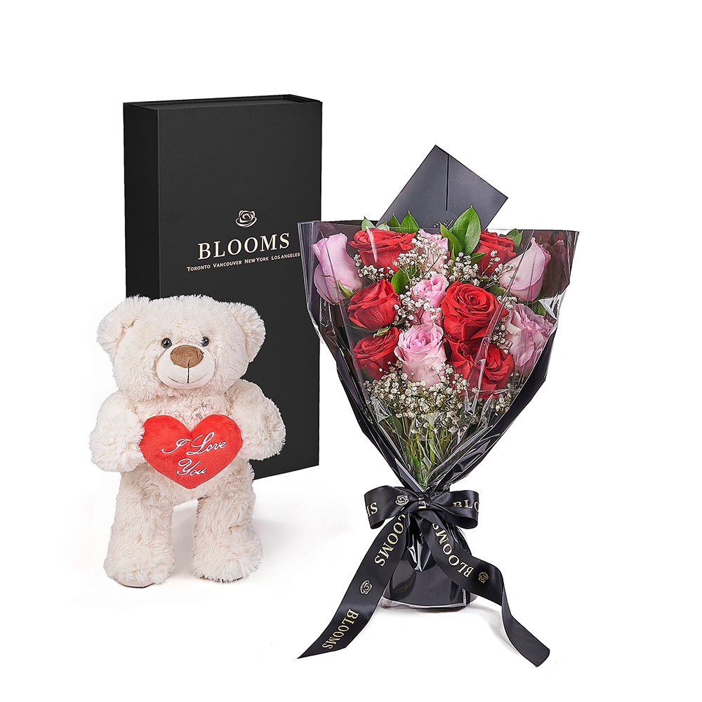 Valentine's Day 12 Stem Red & Pink Rose Bouquet With Box & Bear Valentine's Day 12 Stem Red & Pink Rose Bouquet With Box & Bear