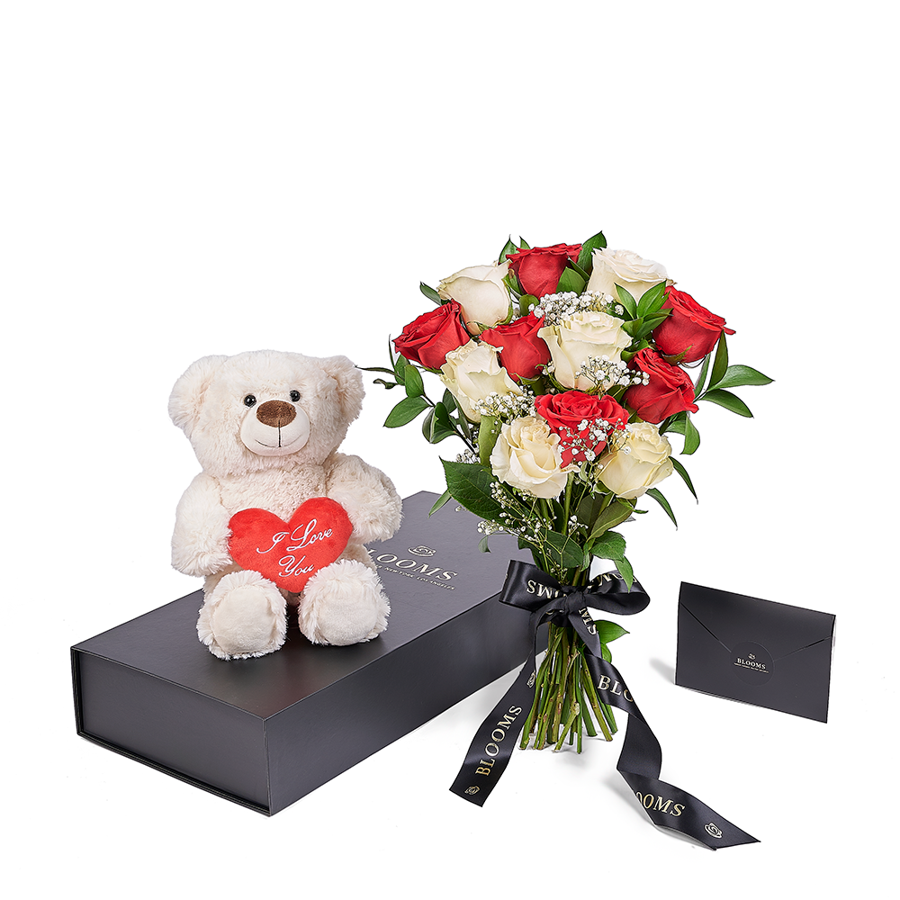 Valentine's Day 12 Stem Red & White Bouquet With Box & Bear, New Jersey Same Day Flower Delivery, plush gifts