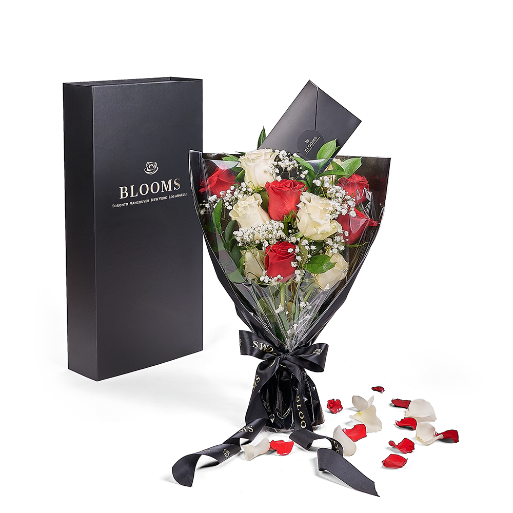Valentine's Day 12 Stem Red &amp; White Rose Bouquet With Box, Valentine's Day gifts, New Jersey Same Day Flower Delivery, rose bouquets