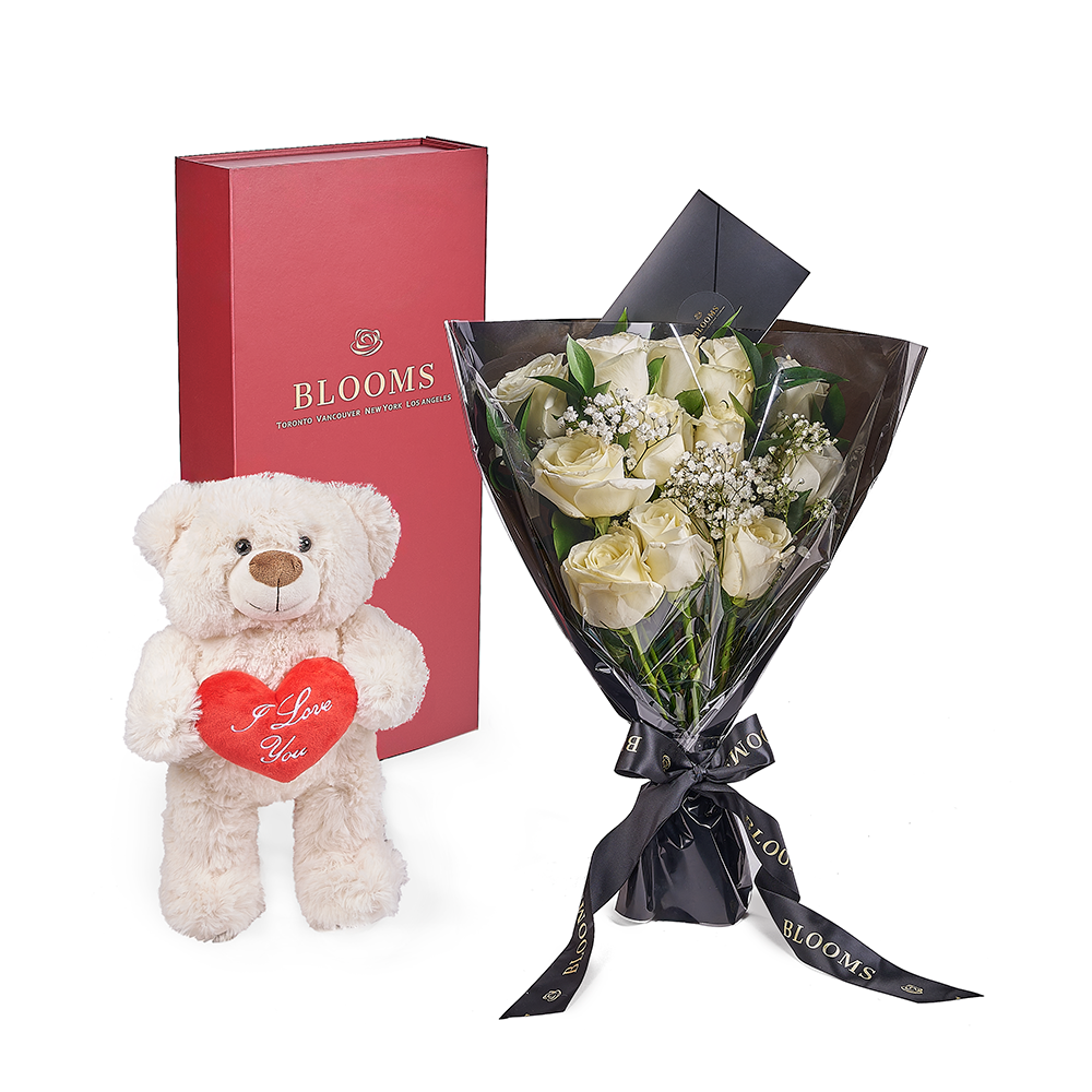 Valentines Day 12 Stem White Rose Bouquet With Box & Bear Valentines Day 12 Stem White Rose Bouquet With Box & Bear