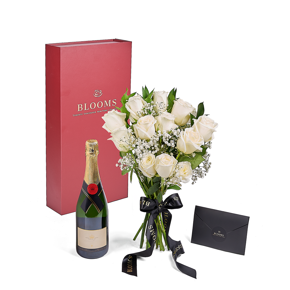 Valentine’s Day 12 Stem White Rose Bouquet With Box & Champagne, Valentine's Day gifts, New Jersey Same Day Flower Delivery, white roses, sparkling wine