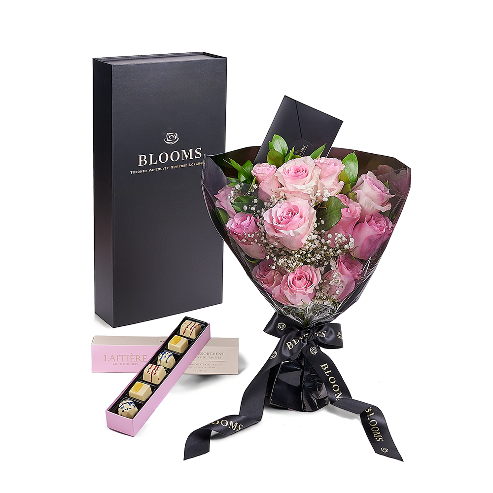 Valentine’s Day Dozen Pink Rose Bouquet With Box &amp; Chocolate, Valentine's Day gifts, New Jersey Same Day Flower Delivery, chocolate gifts
