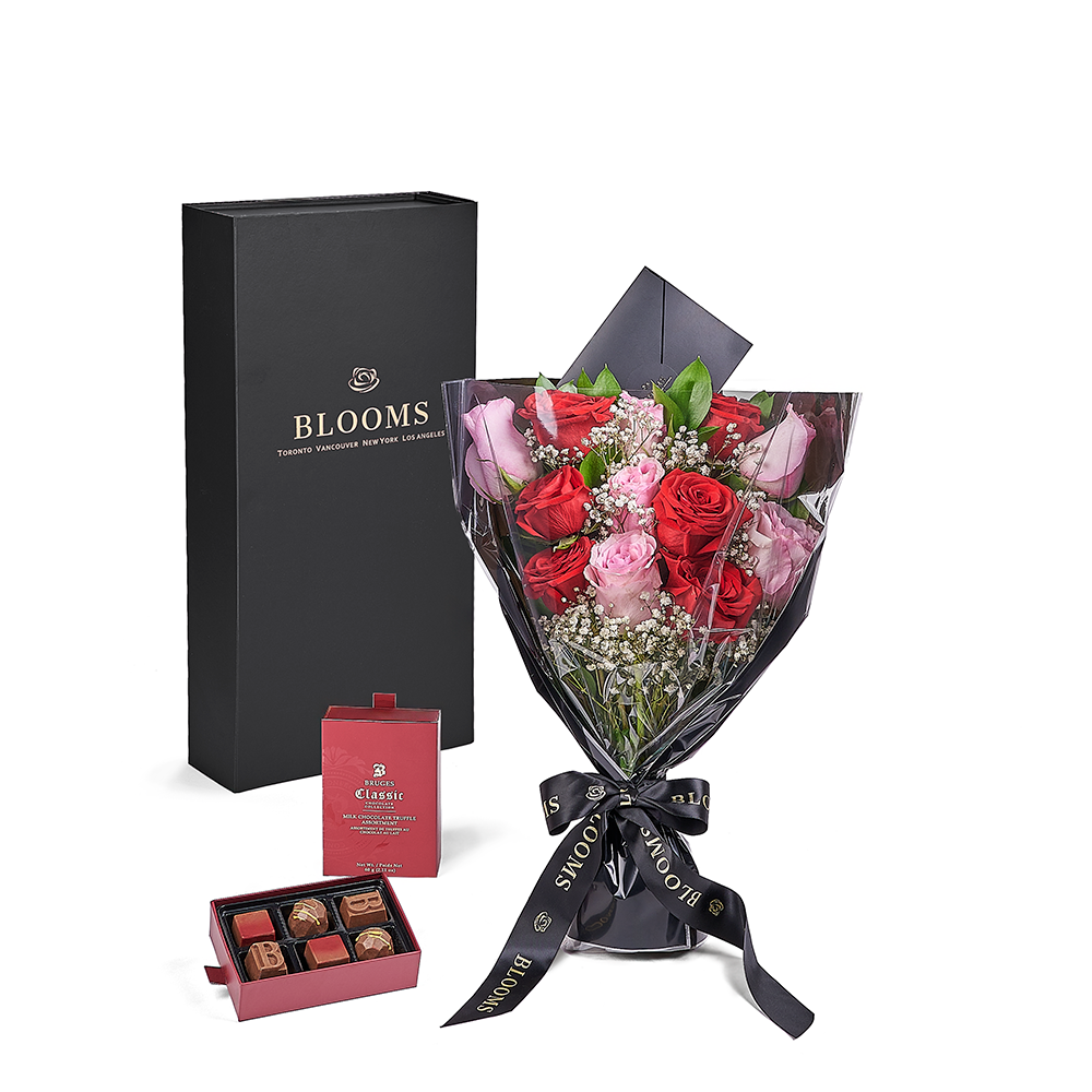 Valentine’s Day Dozen Red &amp; Pink Rose Bouquet With Box &amp; Chocolate, New Jersey Same Day Flower Delivery, red and pink rose bouquet, chocolate gifts