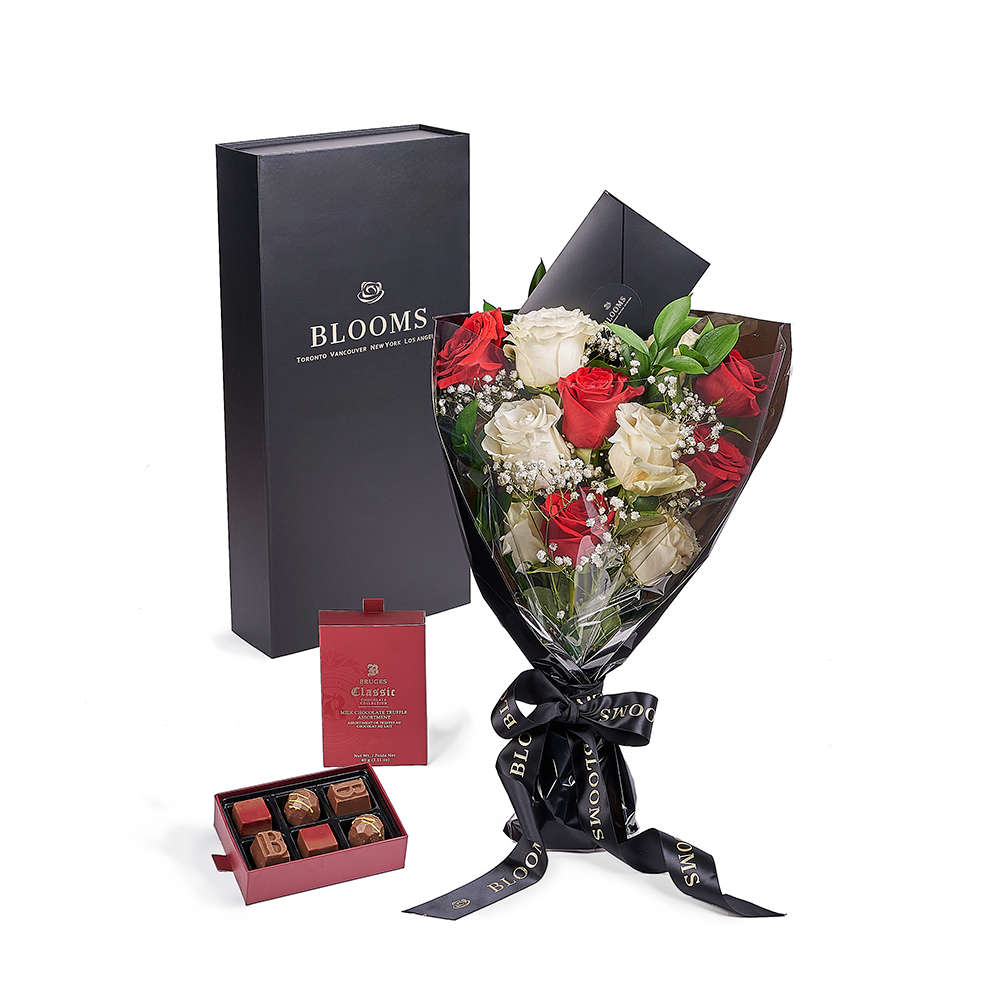 Valentine’s Day Dozen Red &amp; White Rose Bouquet With Box &amp; Chocolate, Valentine's Day gifts, New Jersey Same Day Flower Delivery