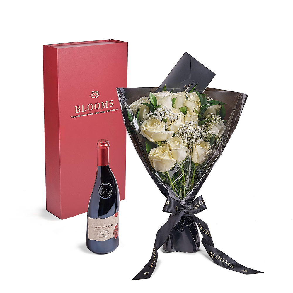 Valentine's Day Dozen White Rose Bouquet With Box &amp; Wine, Valentine's Day gifts, New Jersey Same Day Flower Delivery, white rose gifts, wine gifts