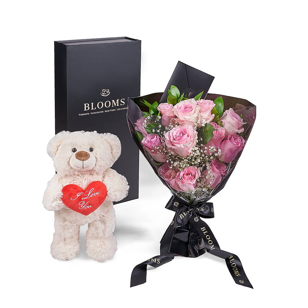Valentine's Day 12 Stem Pink Rose Bouquet With Box & Bear  Valentine's Day  Gifts  New Jersey Blooms - NEW JERSEY BLOOMS