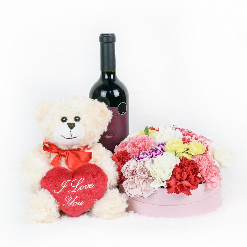 A Day In Vienna Flowers &amp; Wine Gift - Carnations in a hat box arrangement with bear and wine - New Jersey Blooms - New Jersey Flower Delivery
