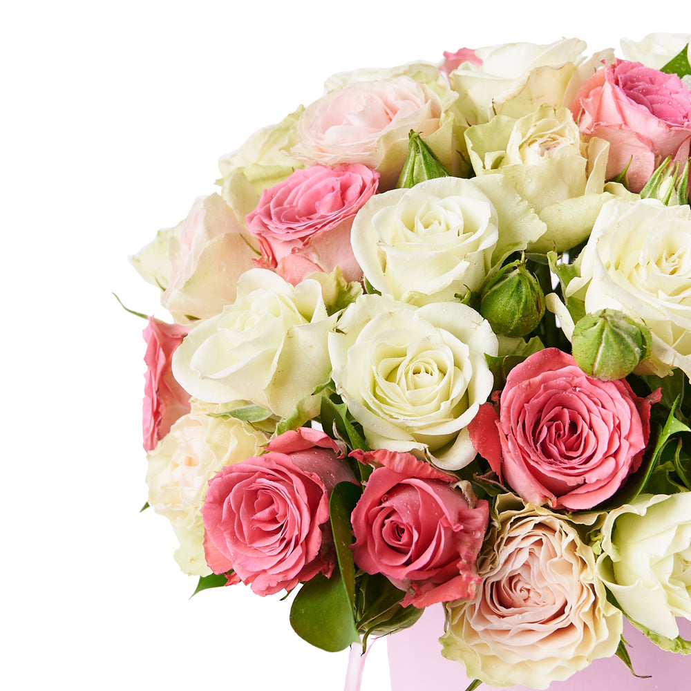 White, Yellow & Pink Roses Container