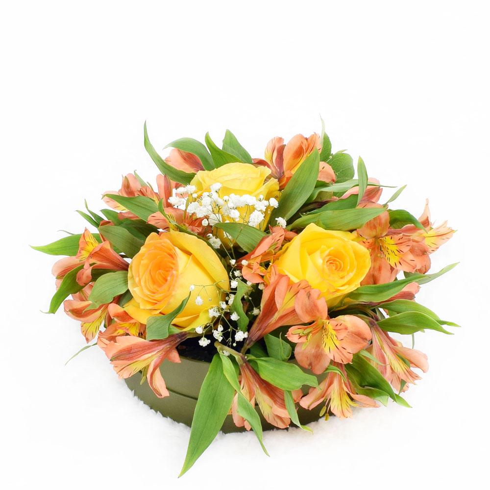 Autumnal Sunset Arrangement, brightly colored roses and alstroemeria, complemented by baby’s breath in a short green designer hat box, Mixed Floral Gifts from Blooms New Jersey - Same Day New Jersey Delivery.