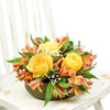 Autumnal Sunset Arrangement, brightly colored roses and alstroemeria, complemented by baby’s breath in a short green designer hat box, Mixed Floral Gifts from Blooms New Jersey - Same Day New Jersey Delivery.