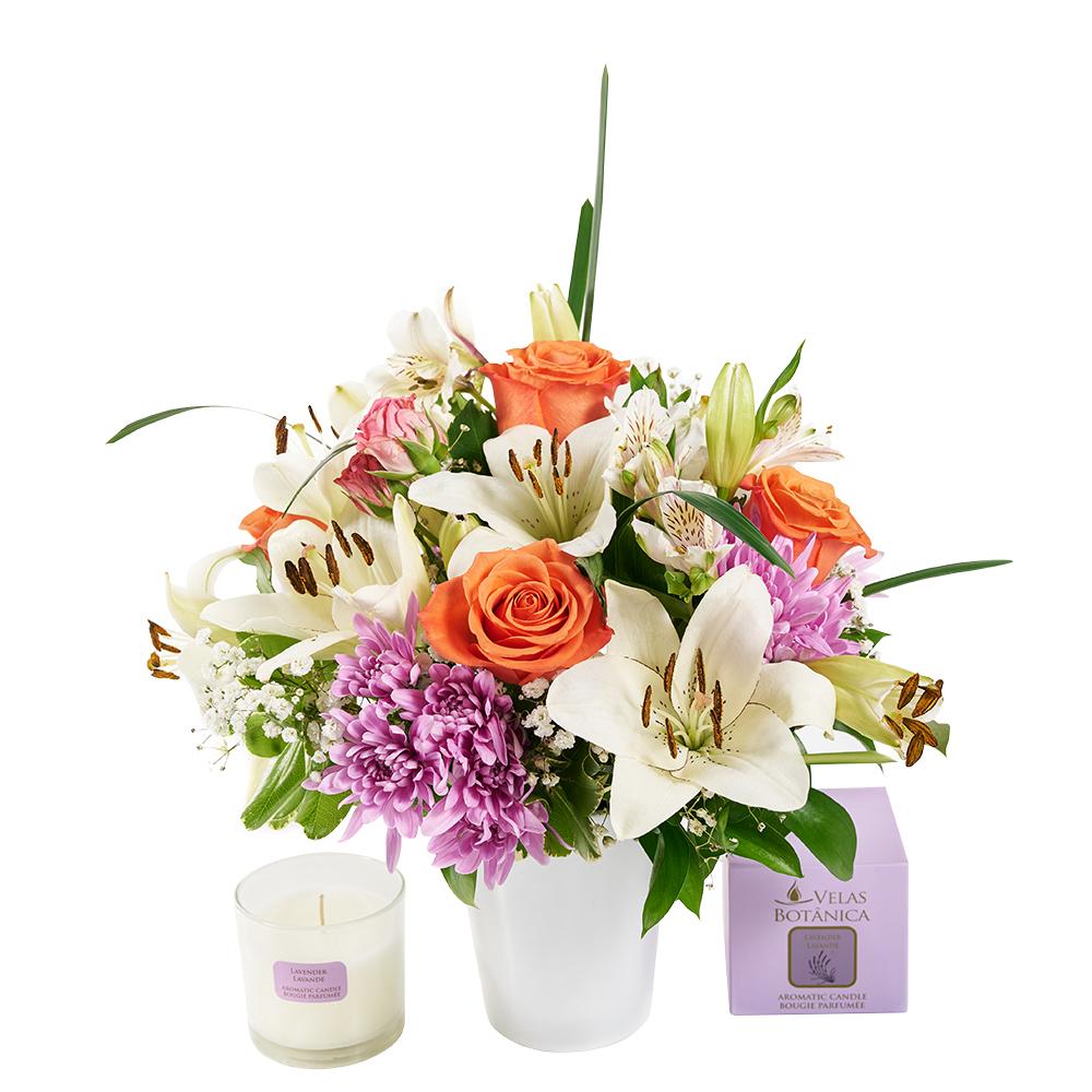 Heavenly Scents Flowers &amp; Candle Gift, roses, daisies, lilies, alstroemeria, and greens in a ceramic vessel, Lavender scented candle, Mixed Floral Gifts from Blooms New Jersey - Same Day New Jersey Delivery.