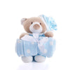 Blue Hugging Blanket Bear, Soft and plush, stuffed bear toy hugs a blue baby blanket,  from Blooms New Jersey - Same Day New Jersey Delivery.