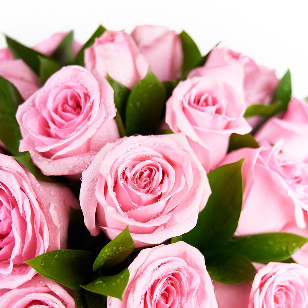 Blushing Rose Arrangement, pink roses, lily grass, and ruscus arranged in a white ceramic vase, Flower Gifts from Blooms New Jersey - Same Day New Jersey Delivery.