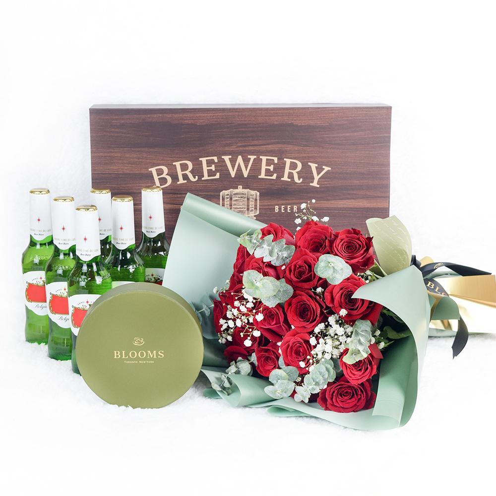 Cheers to a Milestone Flowers And Beer Gift. red roses, baby’s breath, and eucalyptus in a floral wrap with designer ribbon, Six Canadian beer, box of 12 assorted chocolate truffles, beautiful box can hold up to 6 beers, Flowers &amp; Beer Gifts from Blooms New Jersey - Same Day New Jersey Delivery.