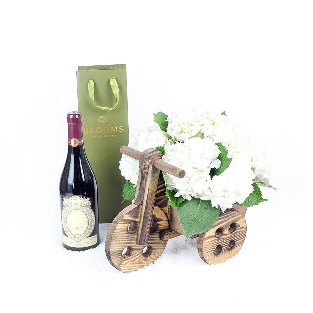 Charming Garden Party Flowers &amp; Wine Gift - White hydrangeas in a wooden cart with flowers - New Jersey Blooms - New Jersey Flower Delivery