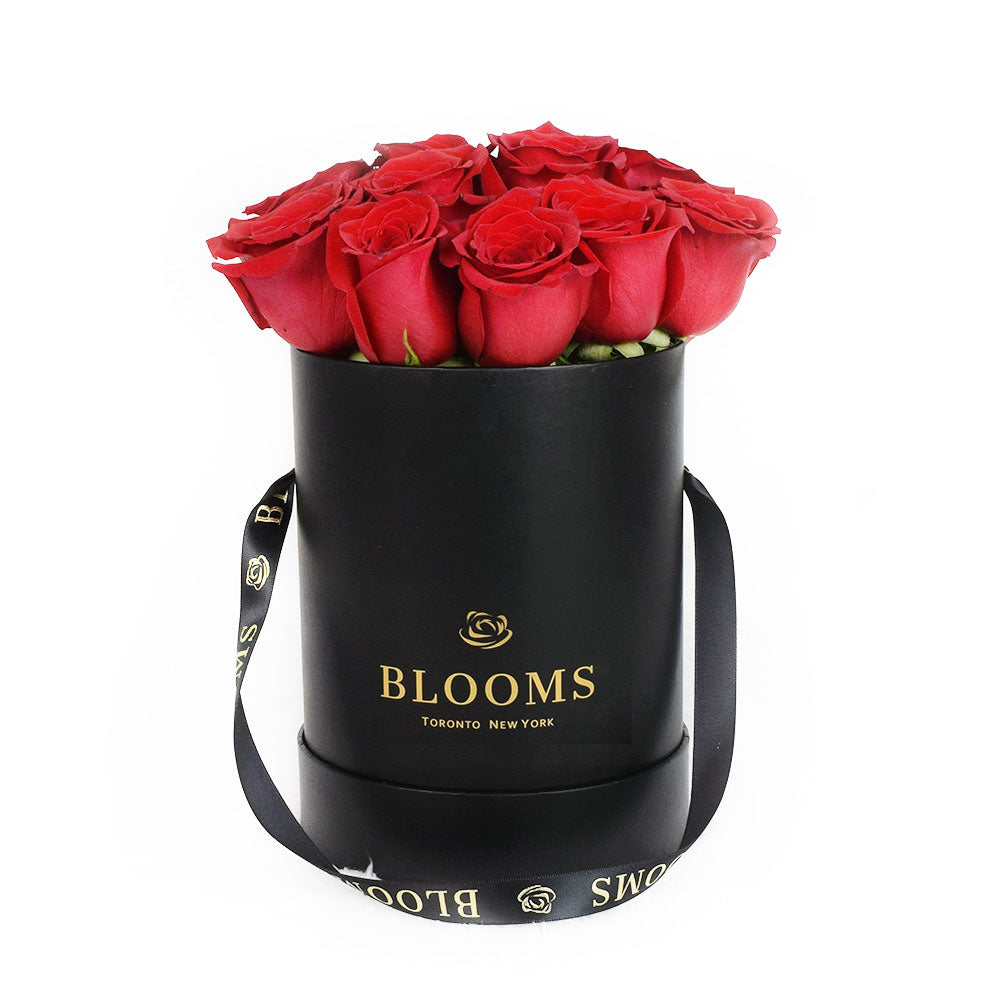 Valentine's Day 12 Red Rose Gift Box, twelve red roses gathered together in a Blooms black gift box, Flower Gifts from Blooms New Jersey - Same Day New Jersey Delivery.