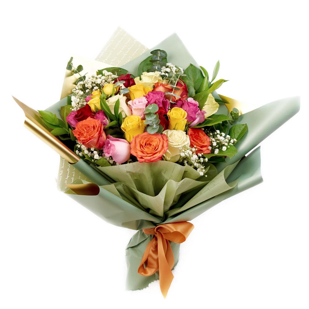 Daydream Fantasy Rose Bouquet, multicolored roses, spray roses with baby’s breath, eucalyptus, and ruscus, gathered in a floral wrap and tied with a designer ribbon, Mixed Flower Gifts from Blooms New Jersey - Same Day New Jersey Delivery.