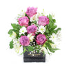 Exquisite Blooms Mixed Arrangement, white alstroemeria, white daisies, purple roses with ruscus and baby’s breath in a stylish square black hat box, Mixed Floral Gifts from Blooms New Jersey - Same Day New Jersey Delivery.