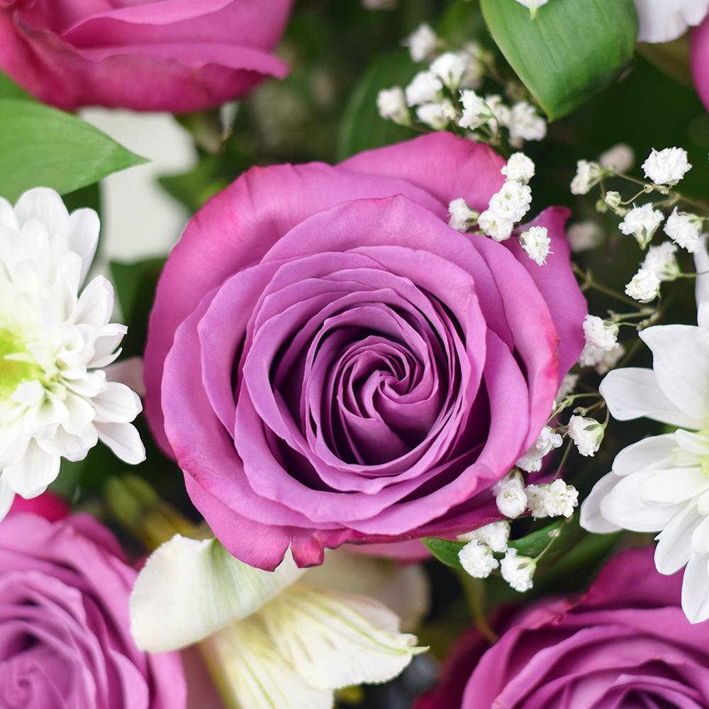 Exquisite Blooms Mixed Arrangement, white alstroemeria, white daisies, purple roses with ruscus and baby’s breath in a stylish square black hat box, Mixed Floral Gifts from Blooms New Jersey - Same Day New Jersey Delivery.