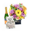 The Extravagant Floral Sunrise Mixed Arrangement & Gift Set, roses, alstroemeria, gerbera, mini carnations, spider chrysanthemum, daisies, and baby’s breath arranged carefully in a square black designer hat box, soft teddy bear, bottle of Sparkling Wine, Floral Gifts from Blooms New Jersey - Same Day New Jersey Delivery.