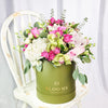 Extravagant Orchid Floral Gift Box, hydrangea, roses, cymbidium orchids, spray roses, alstroemeria, and greens in a sleek round green designer blooms box, Mixed Floral Gifts from Blooms New Jersey - Same Day New Jersey Delivery.