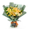 Floral Sunrise Mixed Bouquet & Champagne, roses, daisies, and lilies along with eucalyptus and ruscus in a floral wrap with designer ribbon, bottle of Sparkling Wine, Floral Gifts from Blooms New Jersey - Same Day New Jersey Delivery.