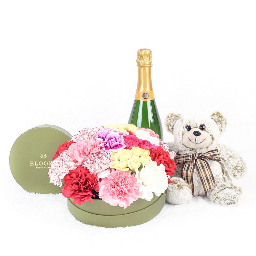 For the Love of My Life Flowers &amp; Champagne Gift - Carnations in a hat box arrangement with a plush bear, champagne, and chocolates - New Jersey Blooms - New Jersey Flower Delivery
