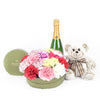 For the Love of My Life Flowers & Champagne Gift - Carnations in a hat box arrangement with a plush bear, champagne, and chocolates - New Jersey Blooms - New Jersey Flower Delivery